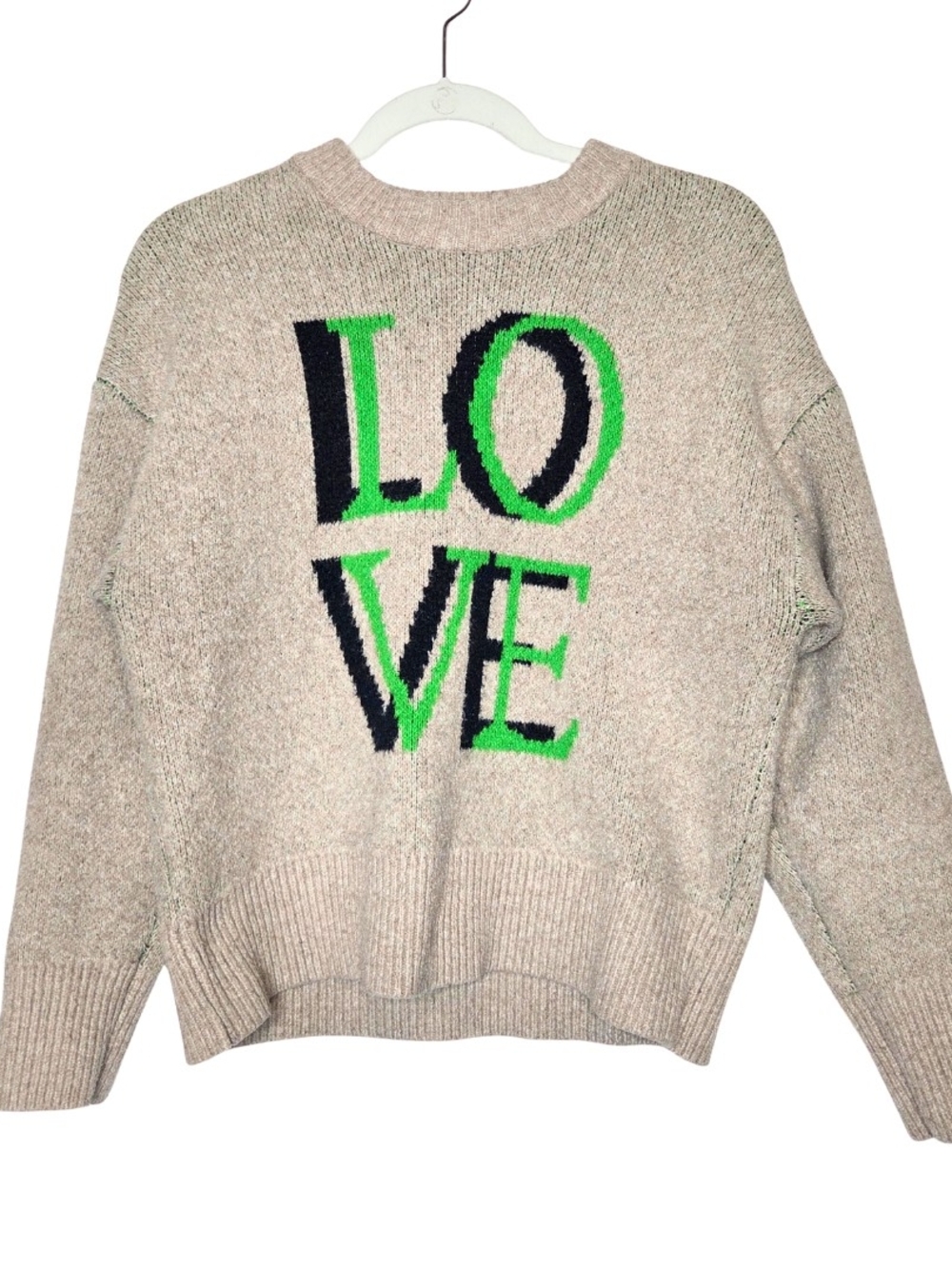 a new day Neutral Crewneck Sweater with Green & Black LOVE Graphic